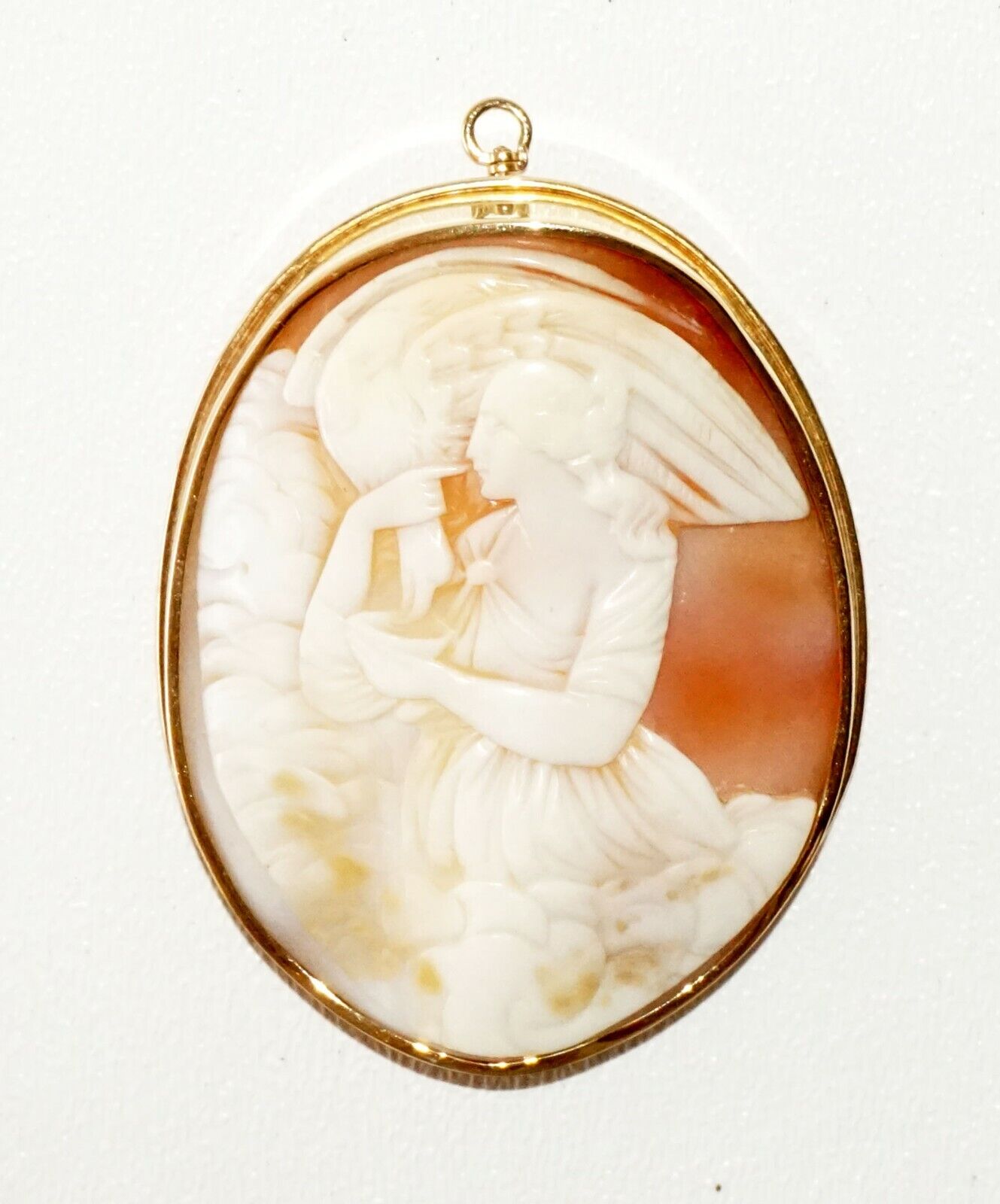 Vintage Gold Plated Large Shell Cameo Pendant w. Hebe Feeding Zeus Motif (TaE)14