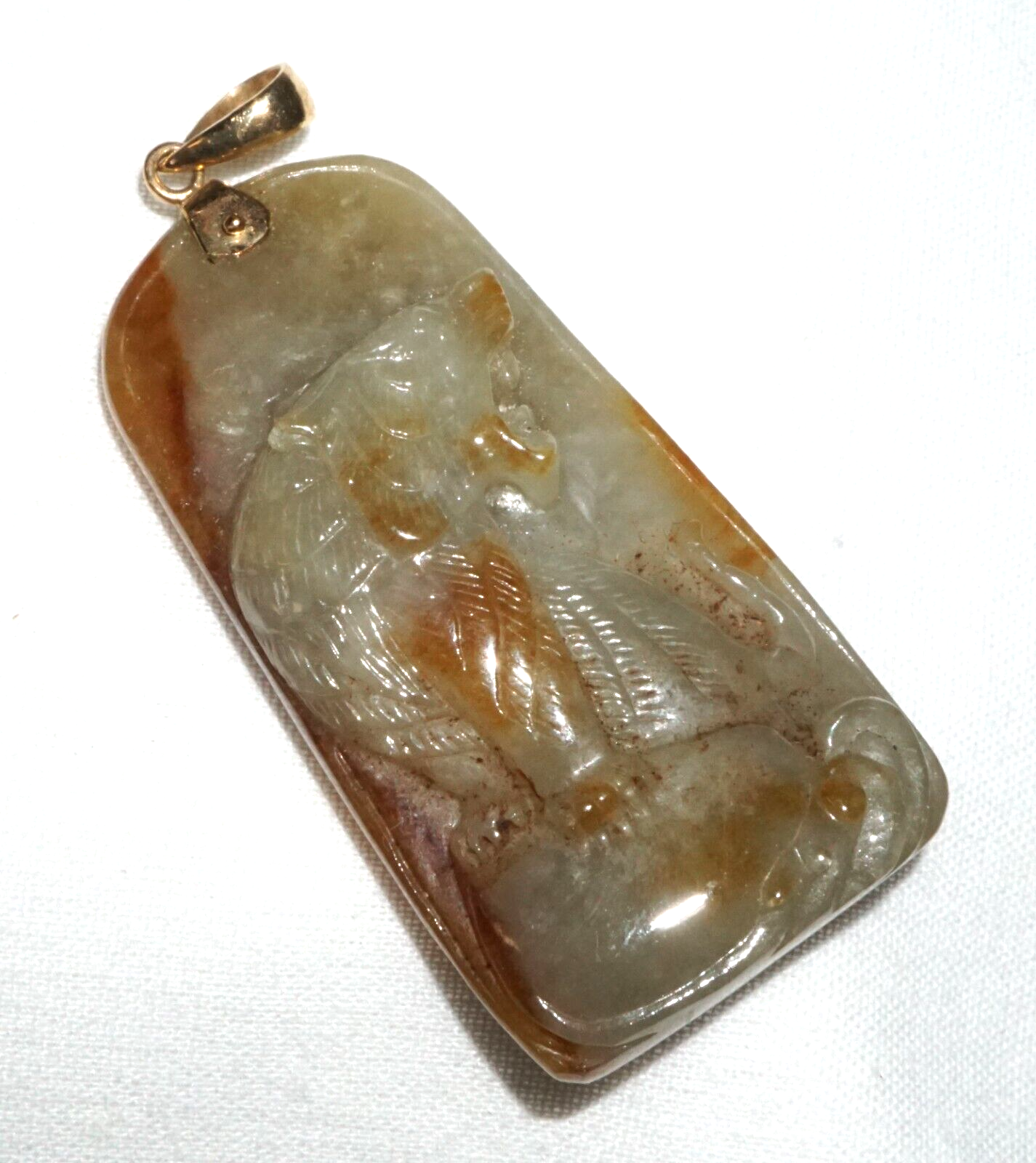 Vintage Chinese 14k Yellow Gold set Jade Pendant w. Lion Dog Motif (FeL)