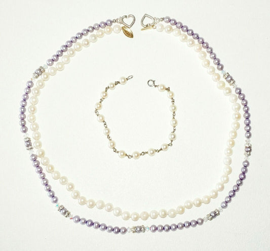 3Pc Vintage Pearl & Crystal Necklaces & Pearl Bracelet Mixed Lot (SaR)#157