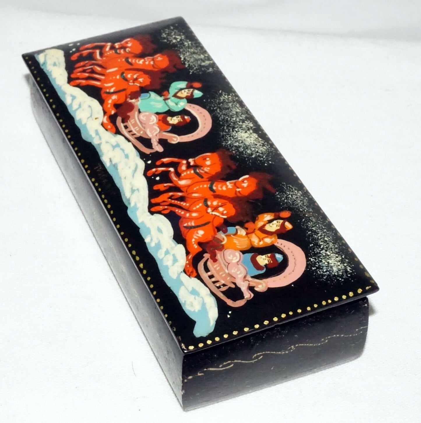 Vintage Russian Lacquer Box Two Horse Drawn Sleighs & Figures signed (AHB)