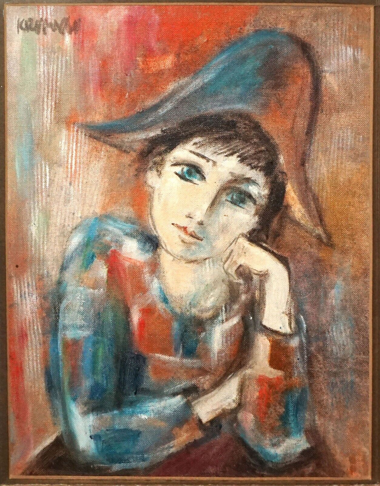 Vintage German Oil Painting of a Harlequin by Evelin Krumnau (HiC)