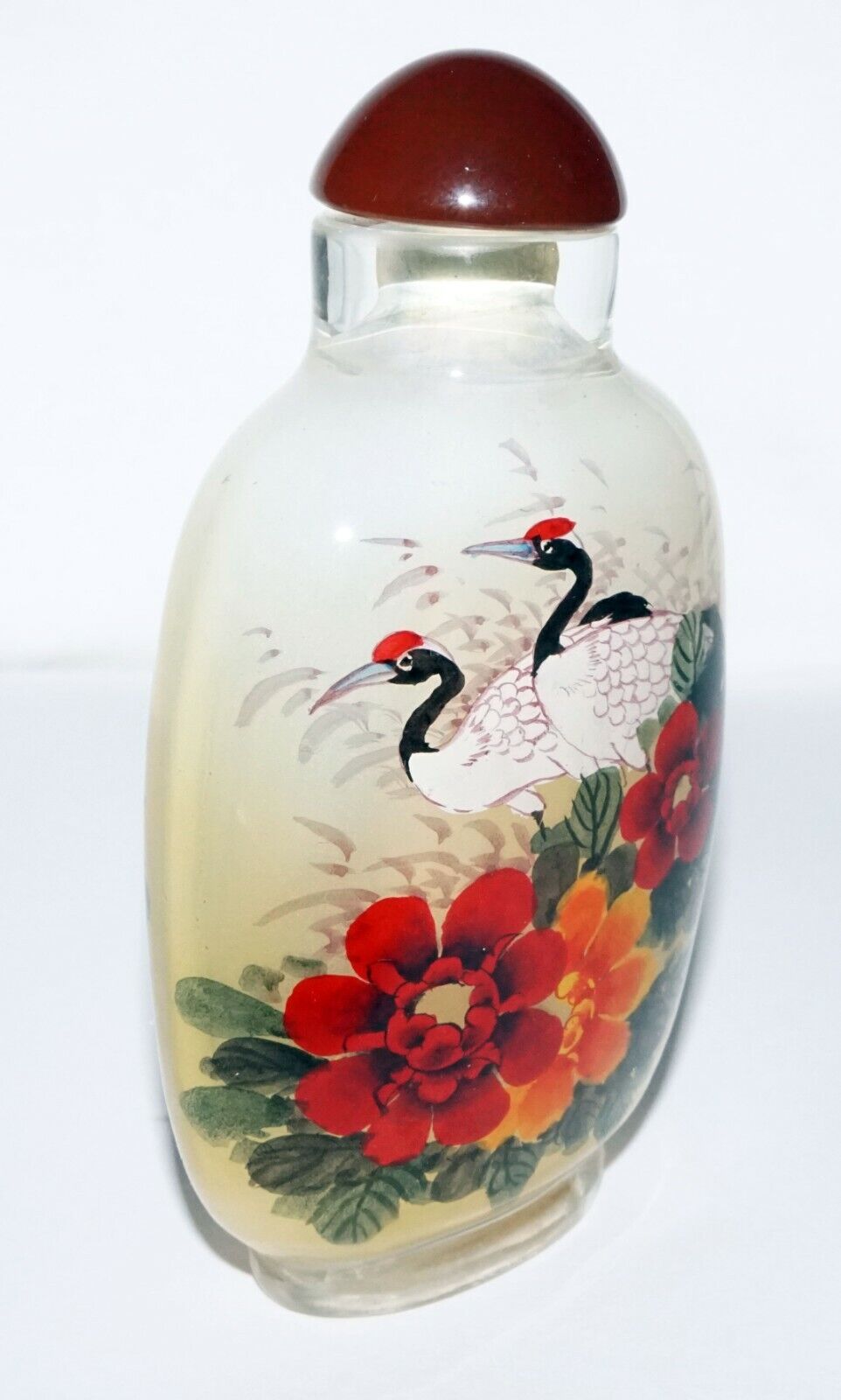 Vintage Chinese Reverse Painted Glass Snuff Bottle w. Birds & Flowers (LeS)