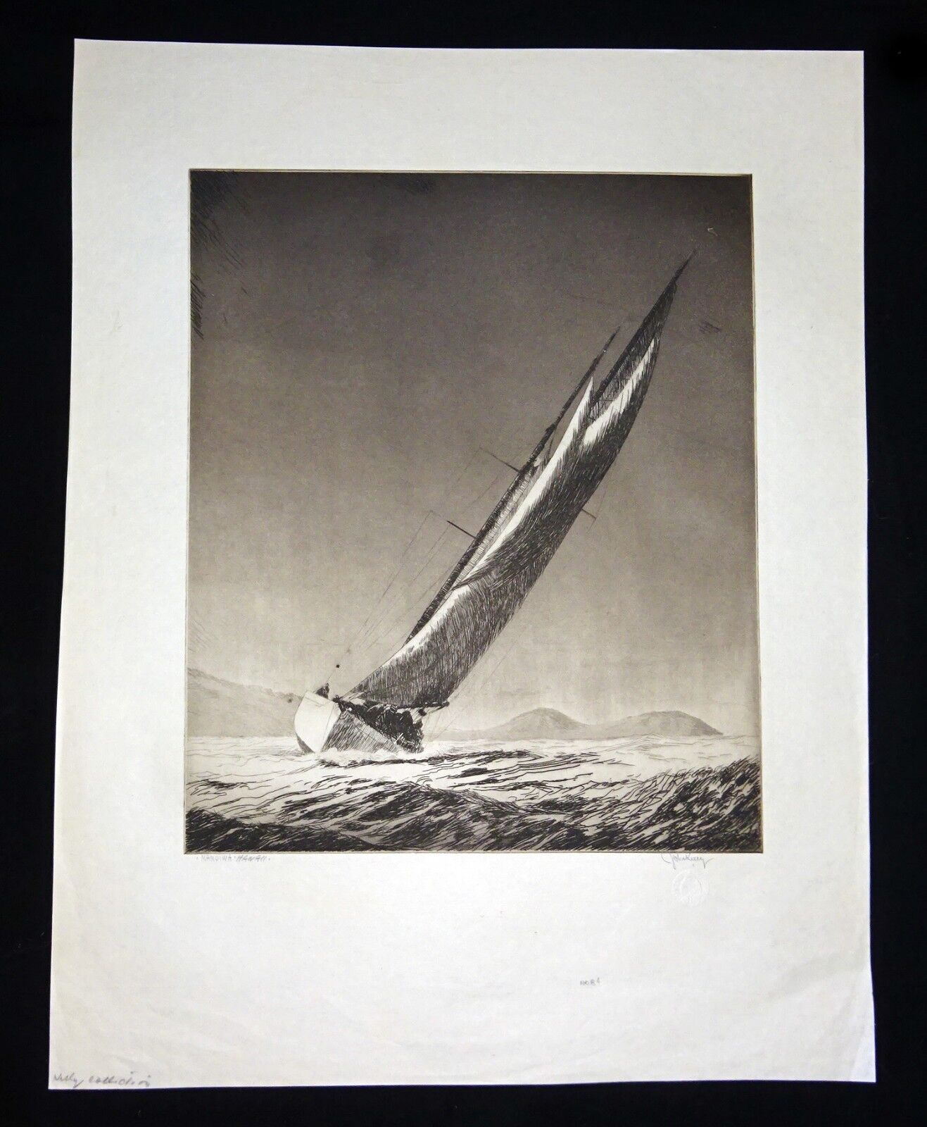 1932 Hawaii Aquatint Etching Print "Manuiwa Yacht" by John Melville Kelly (Kel)