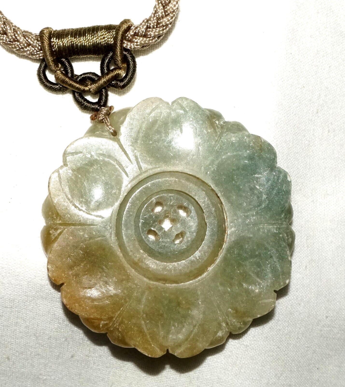 Antique Chinese Jade Carved Flower Pendant w. Double Spinning Center (LeS)L24