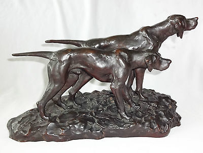 1930s JAPANESE BRONZE SCULPTURE "PAIR of HUNTING DOGS" sign HIDEAKI (Ree)