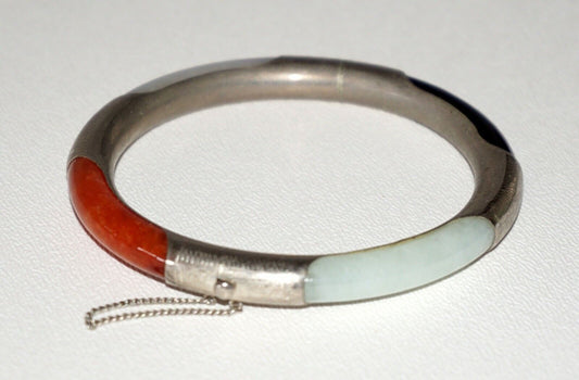 Vintage Chinese Sterling Silver Multicolor Jade Hinged Bangle Bracelet (NoN)B4