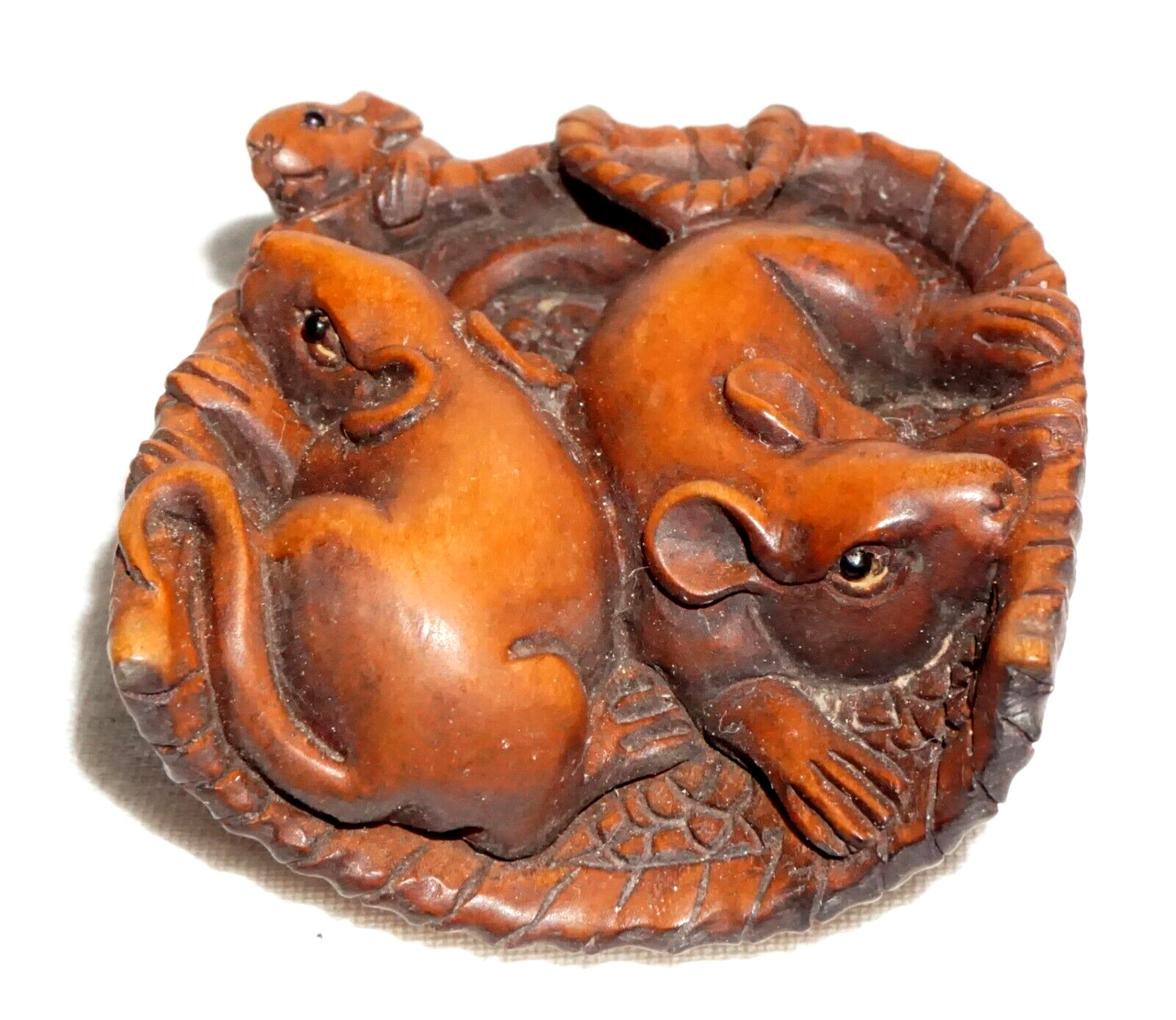 Vintage Japanese Carved Wooden Netsuke Three Mice in a Basket (FeH)