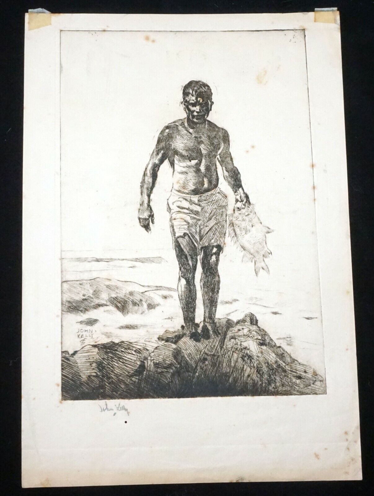 1928 Hawaii Etching Print Fisherman by John Melville Kelly (1879-1962)(Kel)