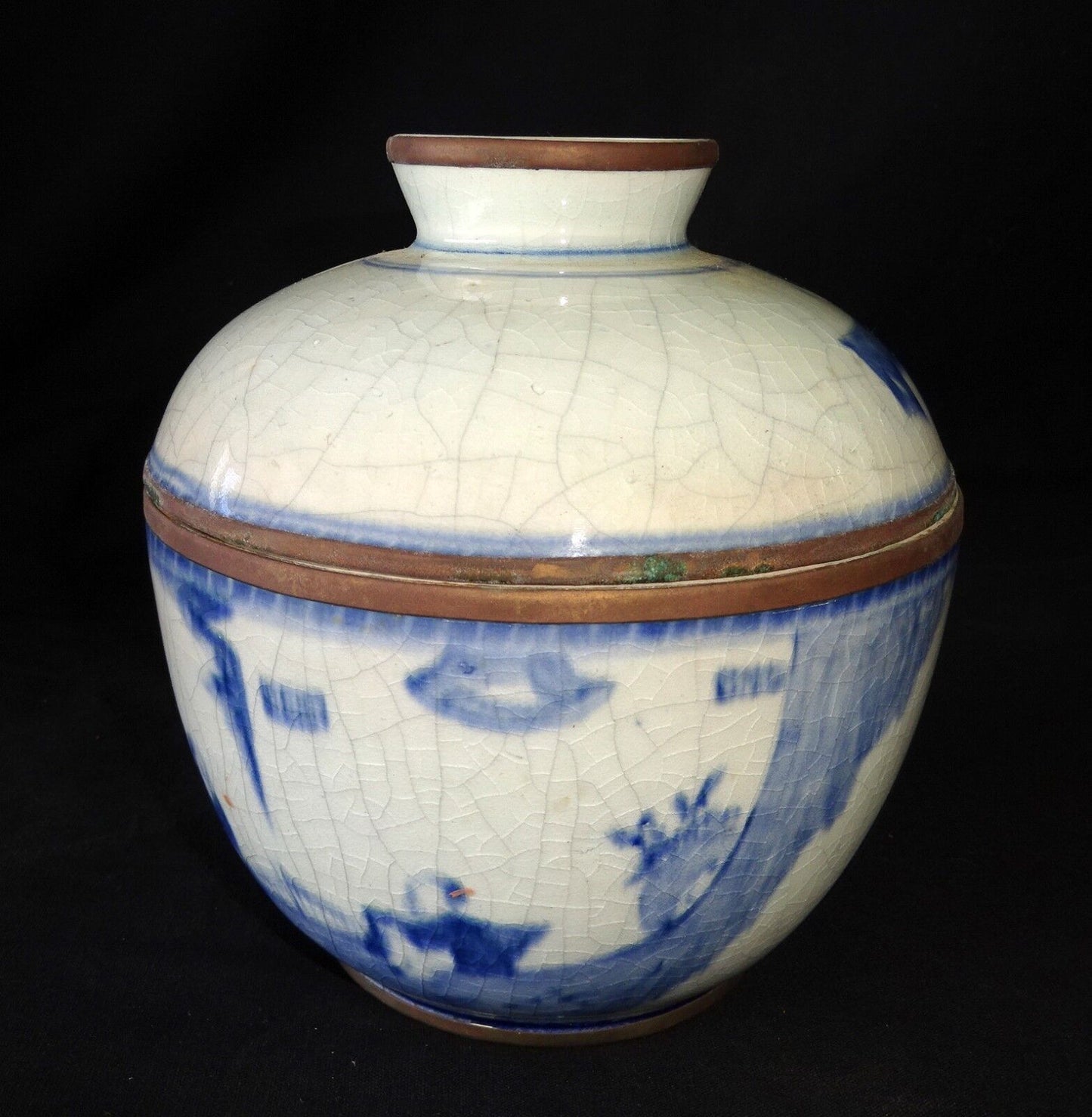 19C Chinese Blue & White Design Covered Pot w. Figures in Landscape Motif (Drc)