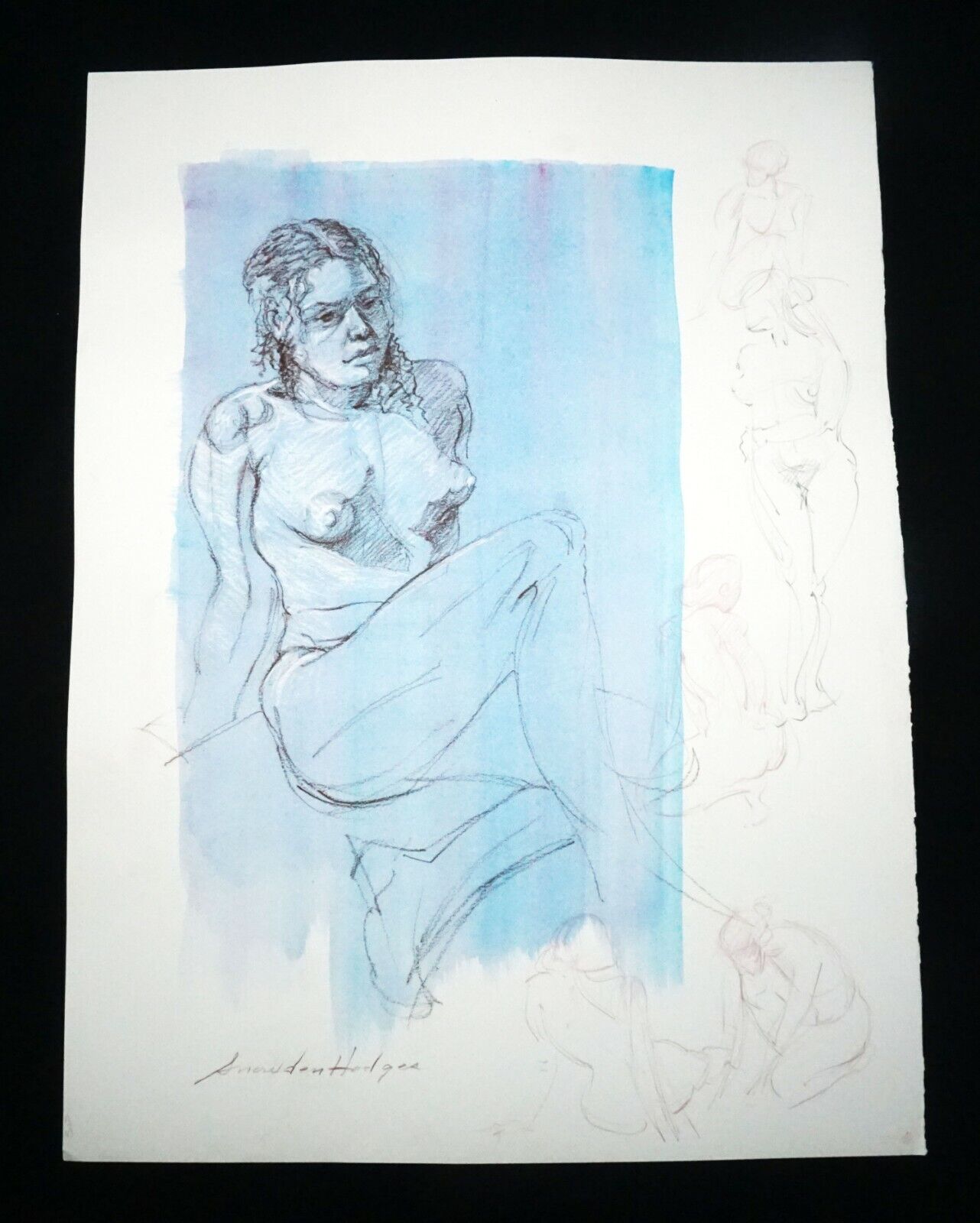 Hawaii Mixed Media Wash Painting Seated Female Nude Snowden Hodges (Sho)#146