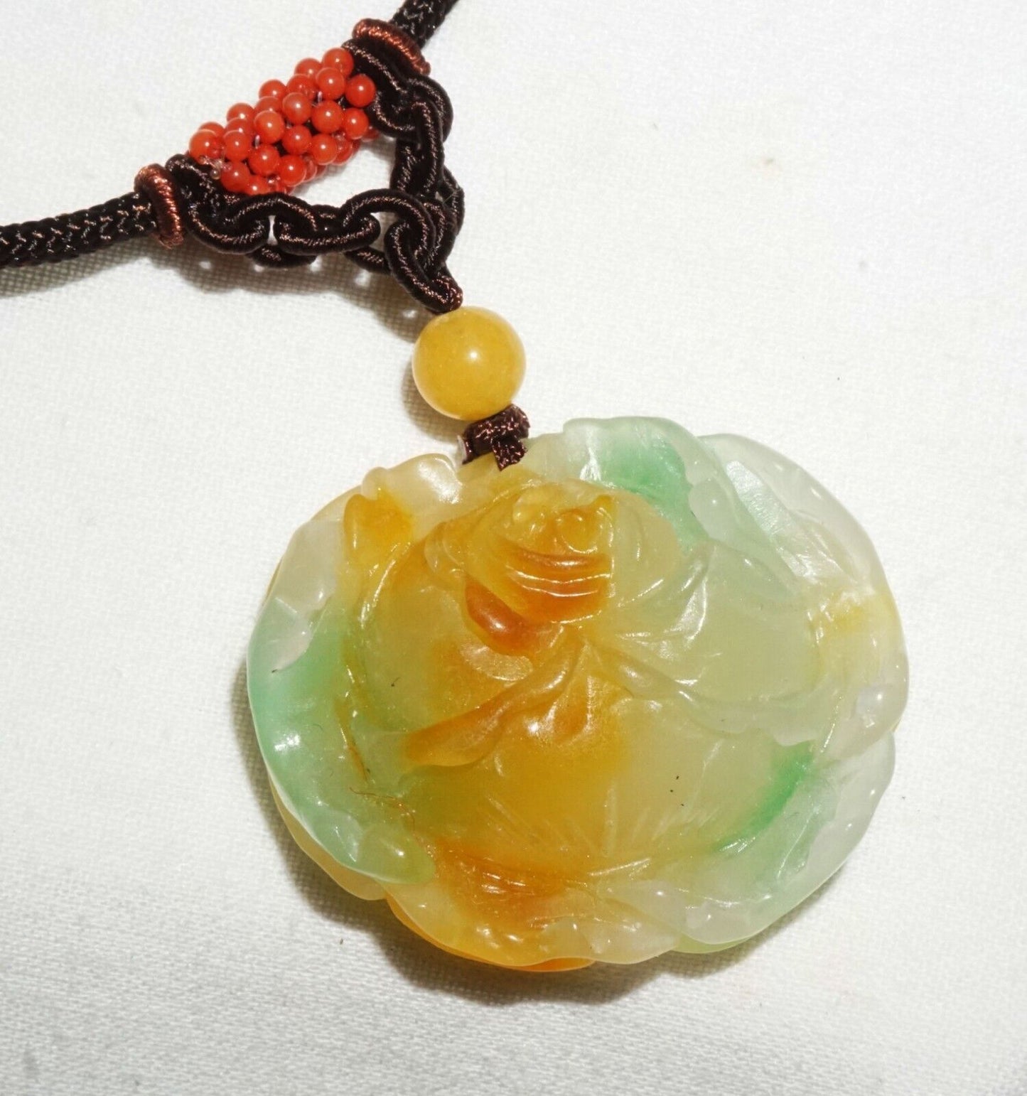 Vintage Chinese Semi Translucent Jadeite Jade Pendant w. Flower Motif (---)