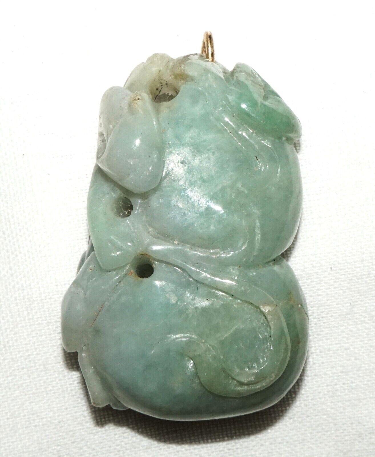 Vintage Chinese Double Gourd & Feline Motif Jadeite Jade Carved Pendant (AHB)