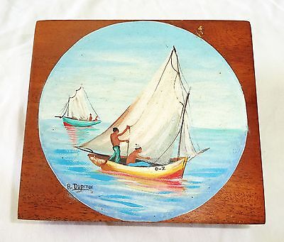 1980s Haitian Mahogany Covered Box w Painted Boat Motif by R. Dupiton (Stea)