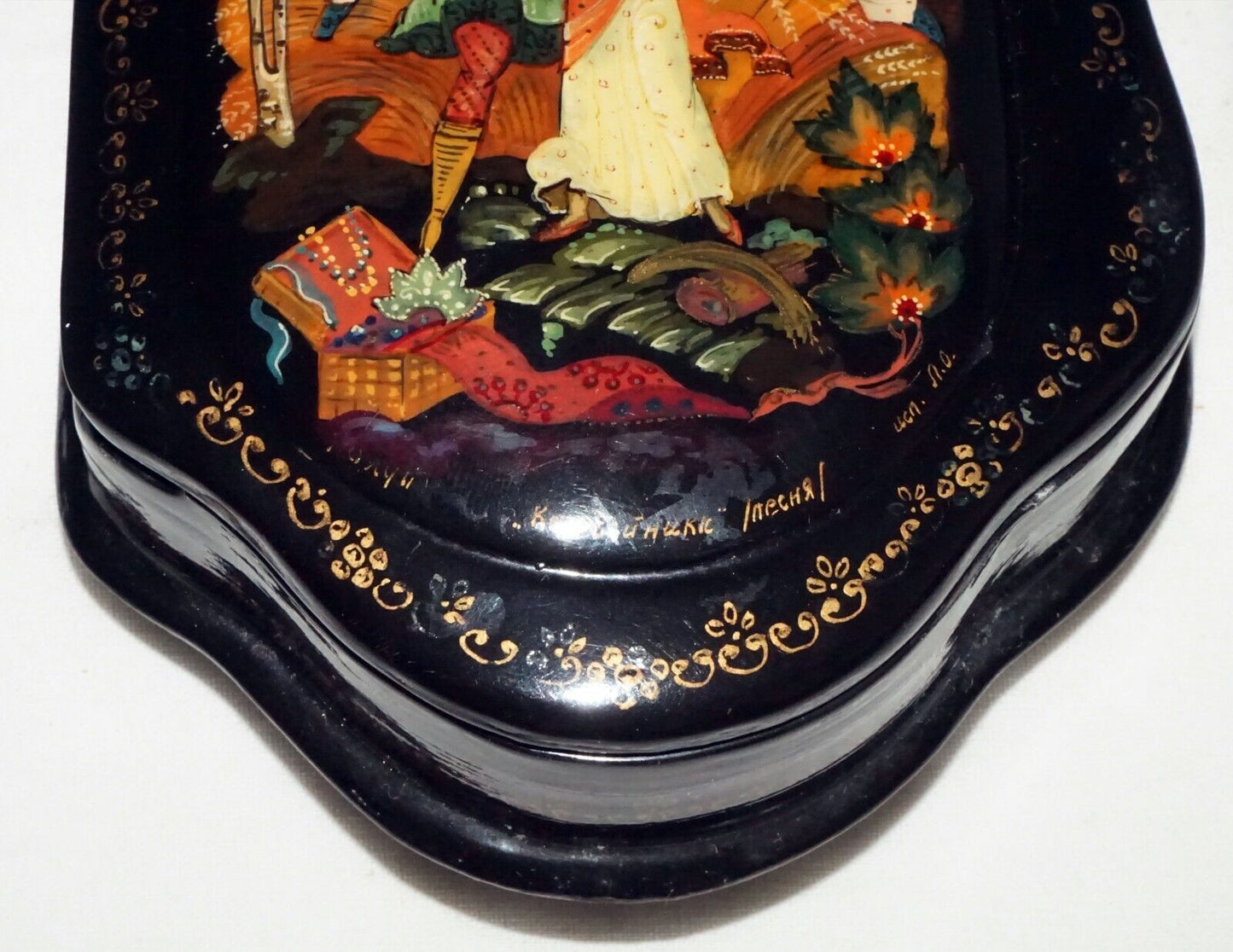 Vintage Russian Hinged Top Lacquer Box Figures in Landscape signed (AHB)