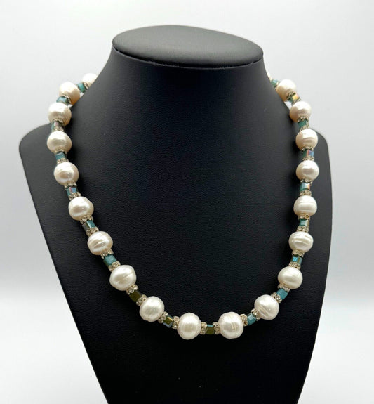 Freshwater Pearl & Aqua Sparkling Bead Necklace 18" w Spring Ring Clasp (KnK)