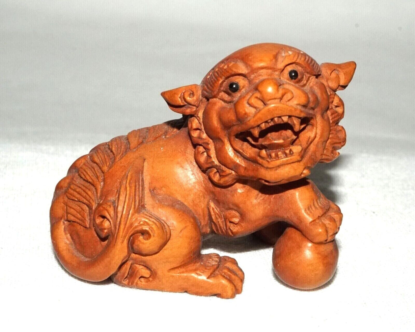 Vintage Japanese Wooden Carved Netsukes Lion Dog w. Ball Motif Signed (FeH