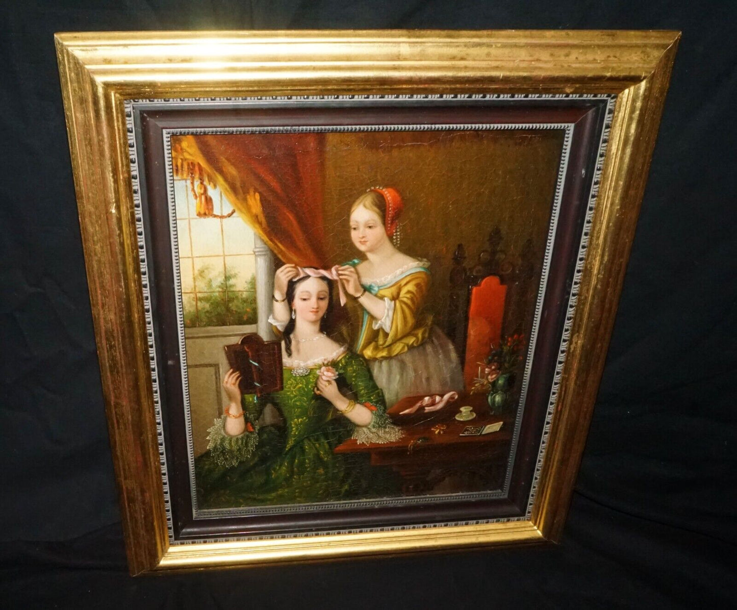 19C American Antebellum Oil- Ladies at Dressing Table Artist Unknown (KoR)