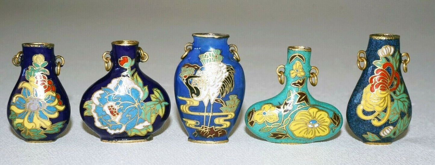 5Pc Chinese Cloisonne Enamel Miniature Vases w. Floral & Bird Motifs (DeL) #3