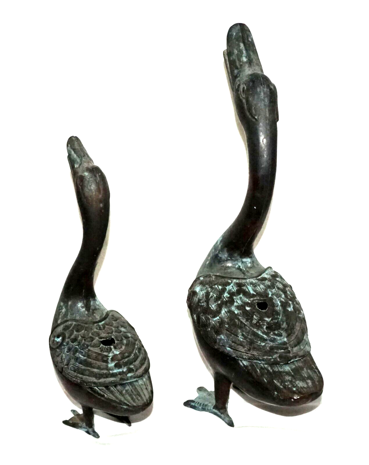 2Pc Chinese Bronze Incense Burners w. Squawking Geese Motif (NiC)