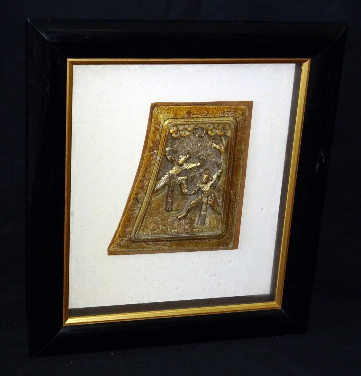 19C Chinese Framed Wooden Carving of "Two Figures Beneath a Tree" (***)