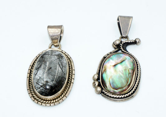 2x Vintage Sterling Silver Pendants w Hair Crystal & Abalone Shell Accents (Tra)
