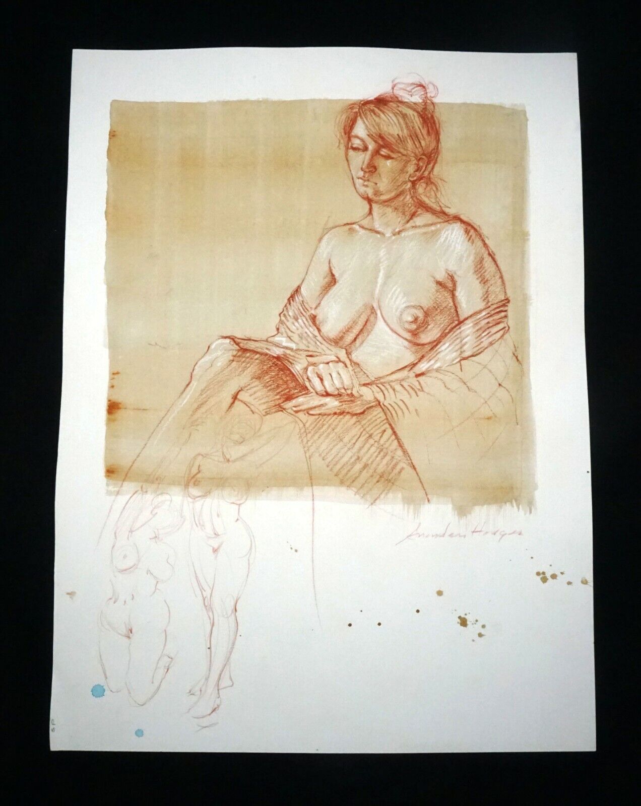 Hawaii Mixed Media Wash Painting Seated Female Nude Snowden Hodges (Sho)#148