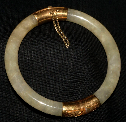 Vtg Chinese Semi Translucent Yellow Jade 14k Gold Hinged Bangle Bracelet (CoM)