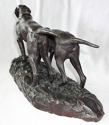 1930s JAPANESE BRONZE SCULPTURE "PAIR of HUNTING DOGS" sign HIDEAKI (Ree)