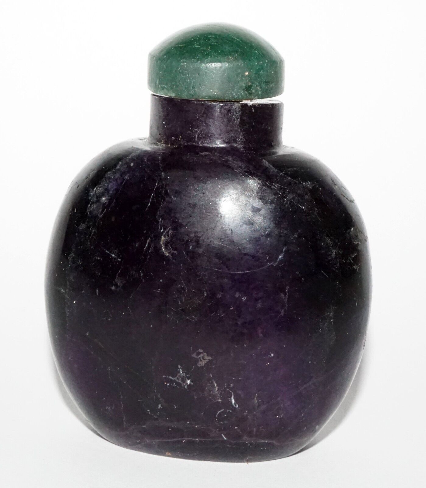 Vintage Chinese Dark Purple Fluorite Carved Snuff Bottle w. Green Stop (LeS) G8