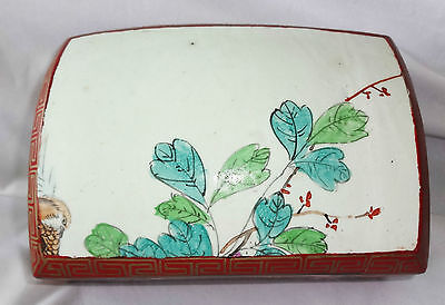 19CT CHINESE LACQUER BOX TOP INSET w. STONE WARE FRAGMENT w. FLORAL MOTIF (Coo)