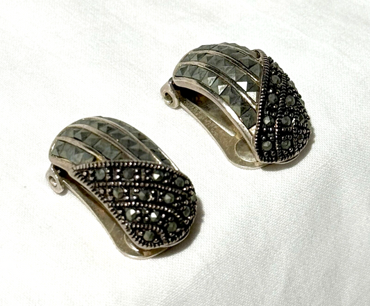 Vtg Sterling Silver Marcasite Non Pierce Earrings Marked 925 (KiL)21