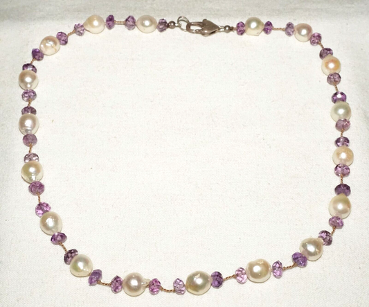 Vintage Sterling Silver Necklace w. Baroque Pearls & Facetted Amethyst (LeP)