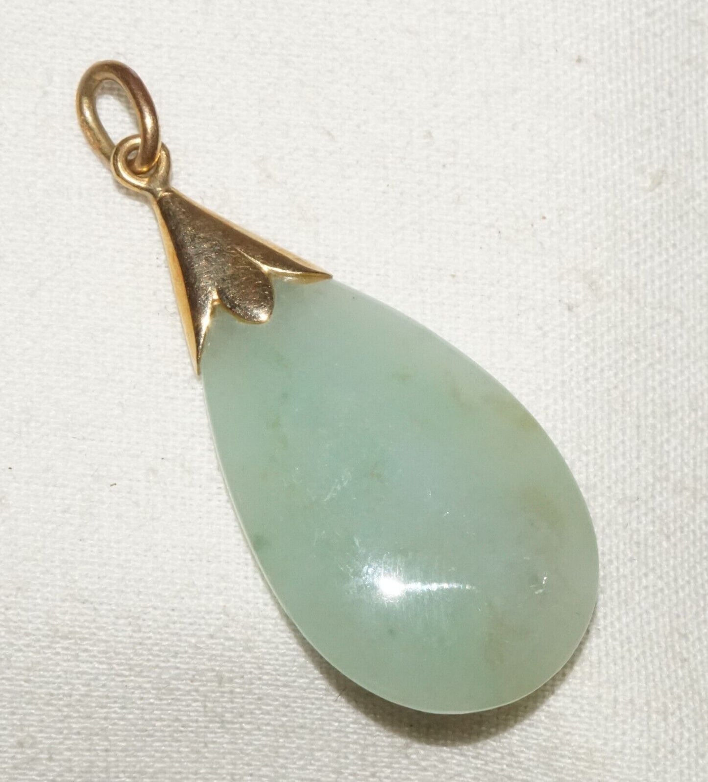 Vintage Chinese 14k Yellow Gold set Green jadeite Jade Drop Pendant (InS)L6