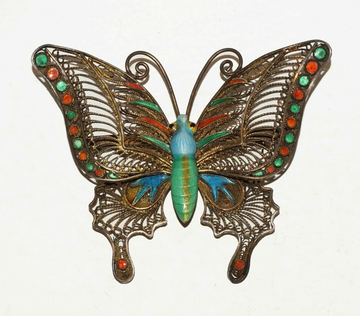 Vintage Chinese Gilt Silver Filigree & Enamel Large Butterfly Brooch (BrM)#15