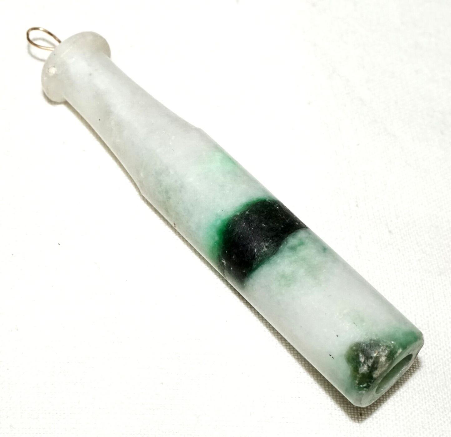 Vintage Chinese White & Emerald Jade Carved Cigarette Holder Pendant (LeS)L24