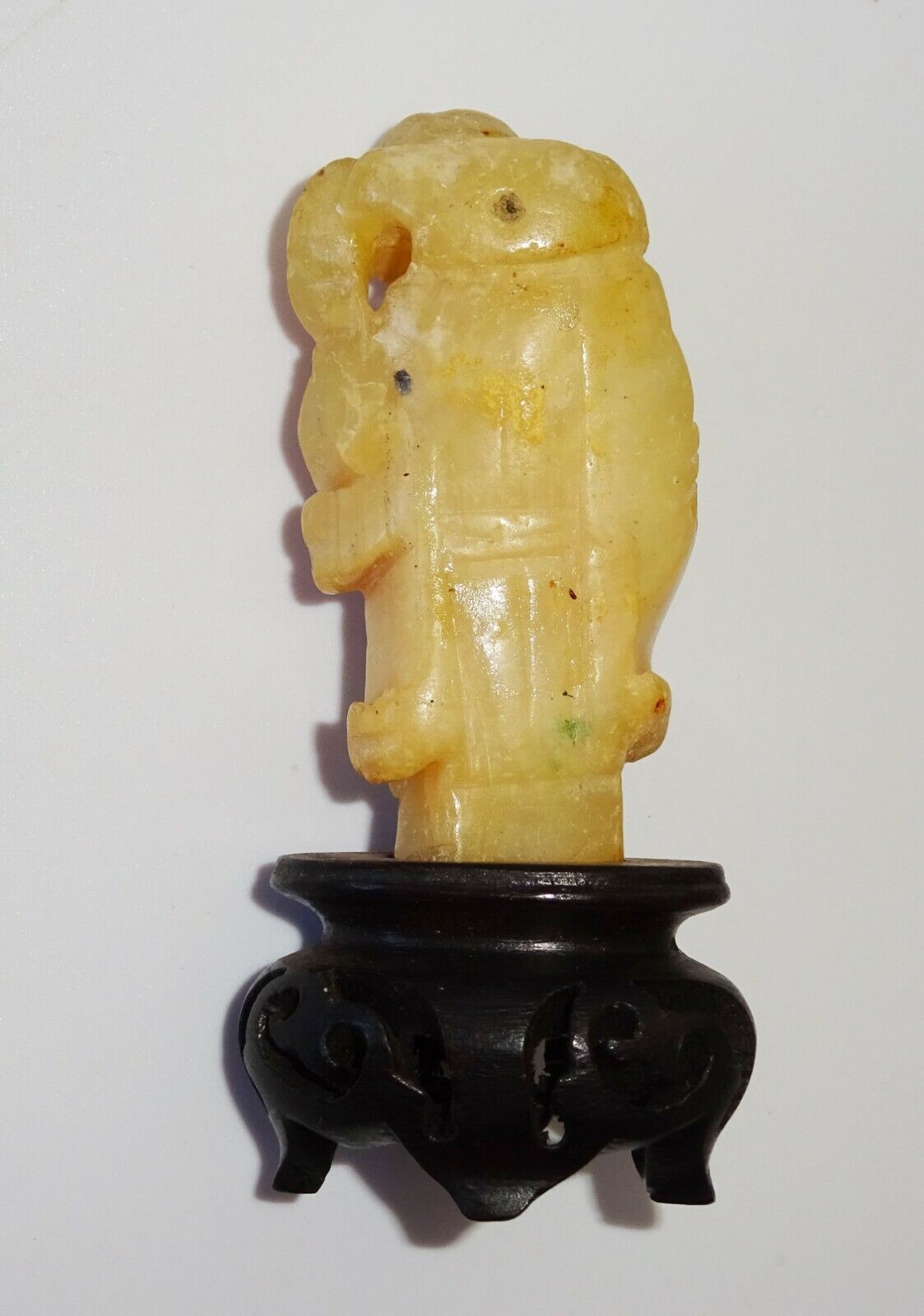 19/20C Chinese Yellow Jade Carving Deity & Gourd on Fitted Stand (FeO)#39