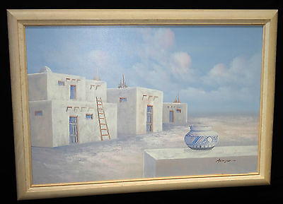 1980s SOUTH WESTERN OIL PAINTING "ADOBE PUEBLO" by JOSE ARICOPA (***)