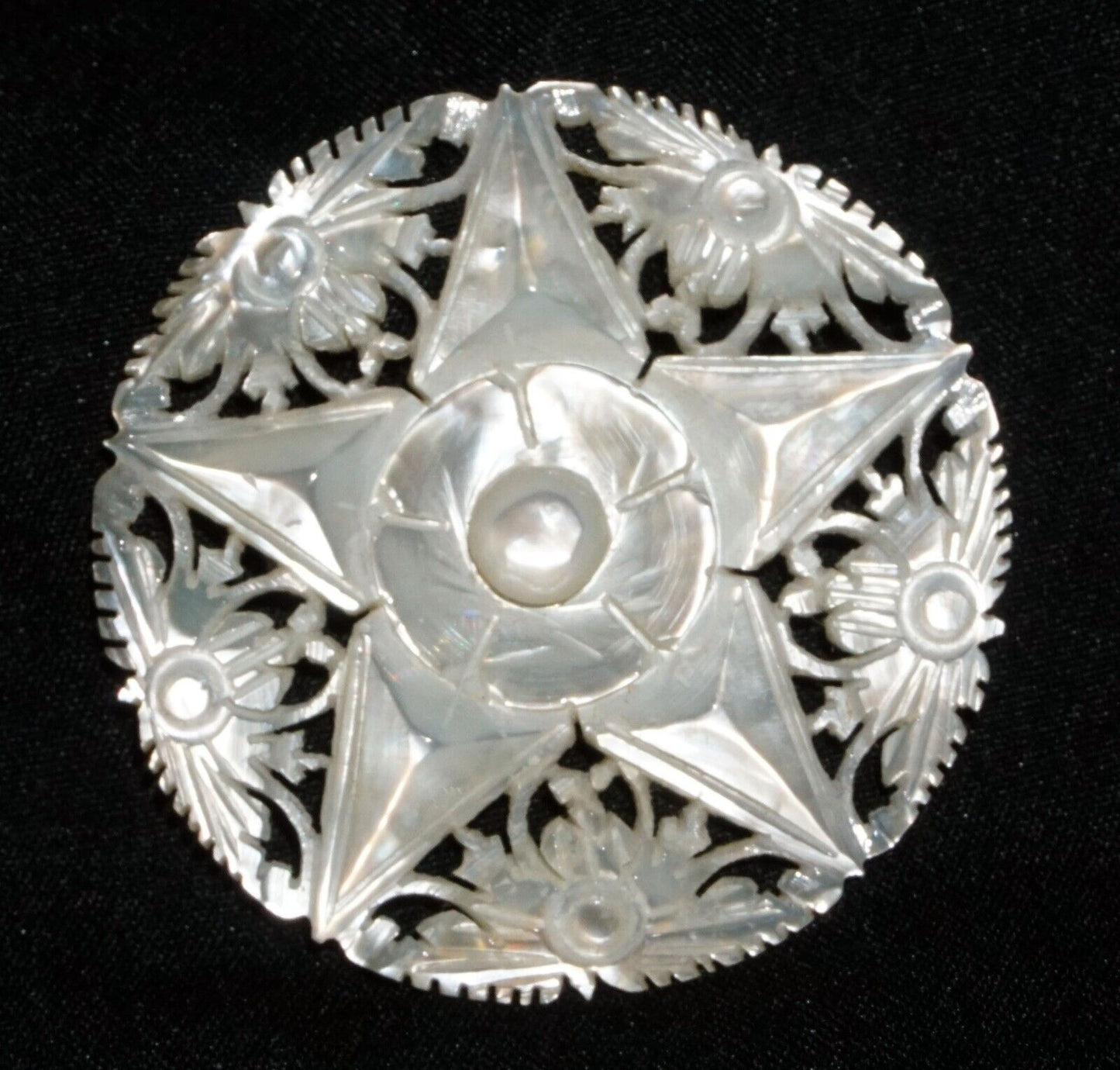 Vintage Mother of Pearl Carved Pierced Star Design Flower Motif Brooch (JoD)