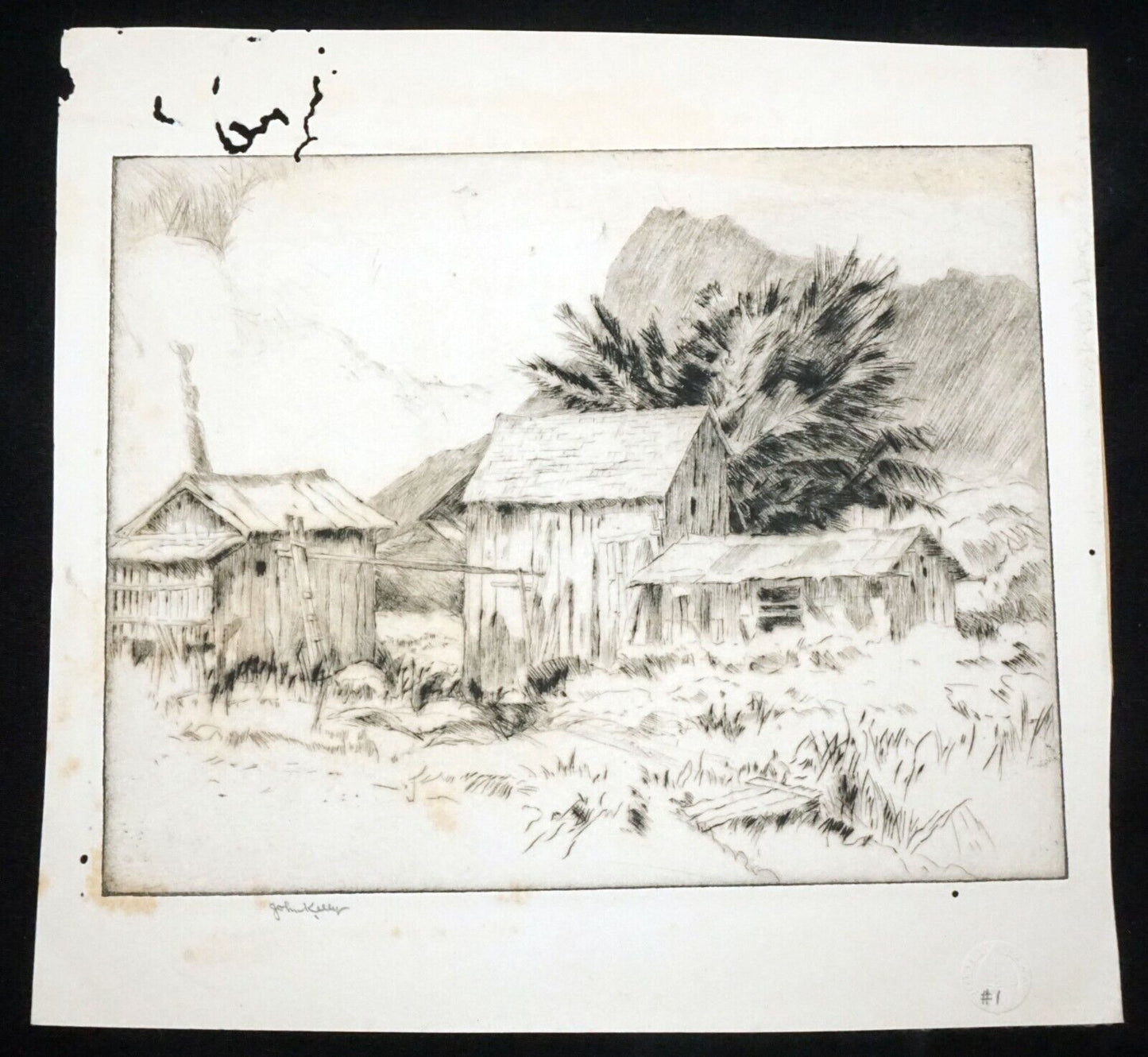 1920s Hawaii Etching Print "Homestead" by John Melville Kelly (1879-1962)(Kel)