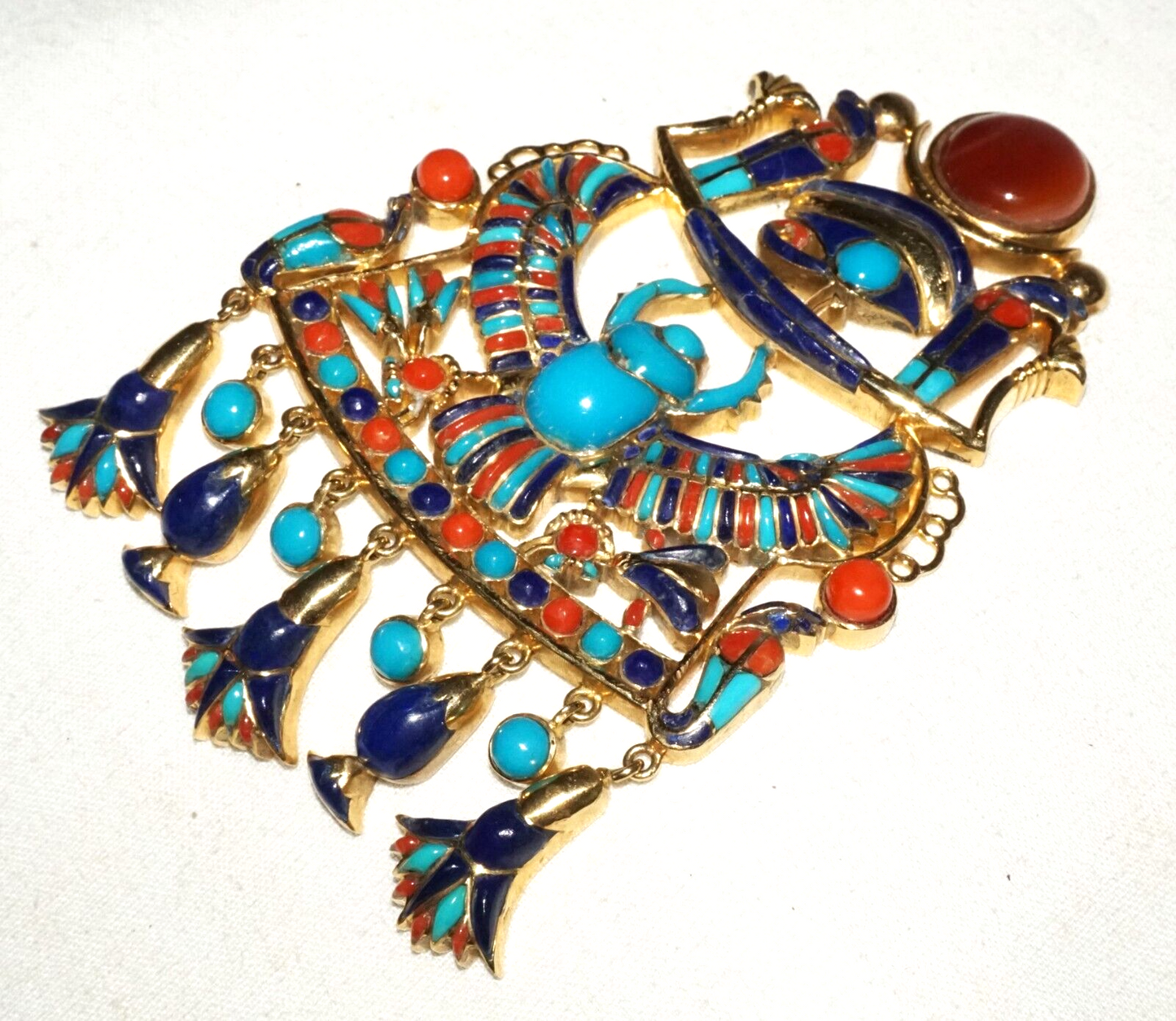 Vtg Egyptian 18k Yellow Gold & Enamel Lapis Eye Horus Ra Scarab Pendant (DaJ)