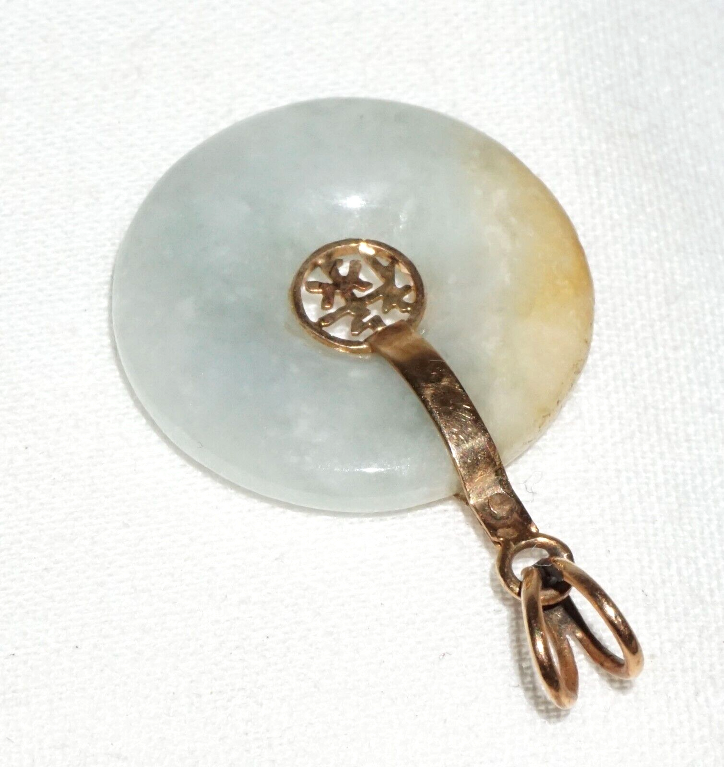 Vintage Chinese 14k Yellow Gold Jadeite Jade Disk Pendant w. Auspicious(BrM) L17