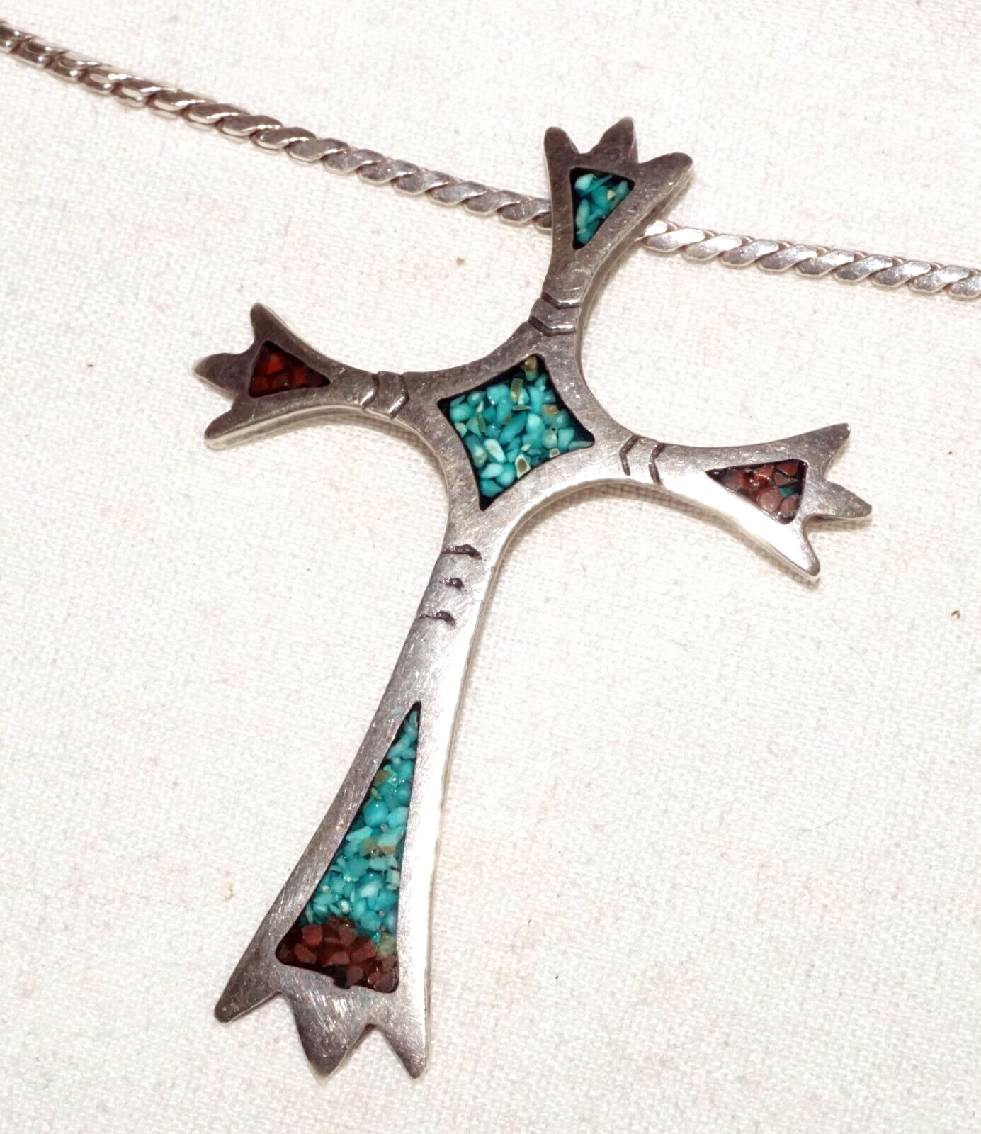 Vtg S.W. US Sterling Silver Necklace & Cross Pendant w. Turquoise & Coral (BeM)