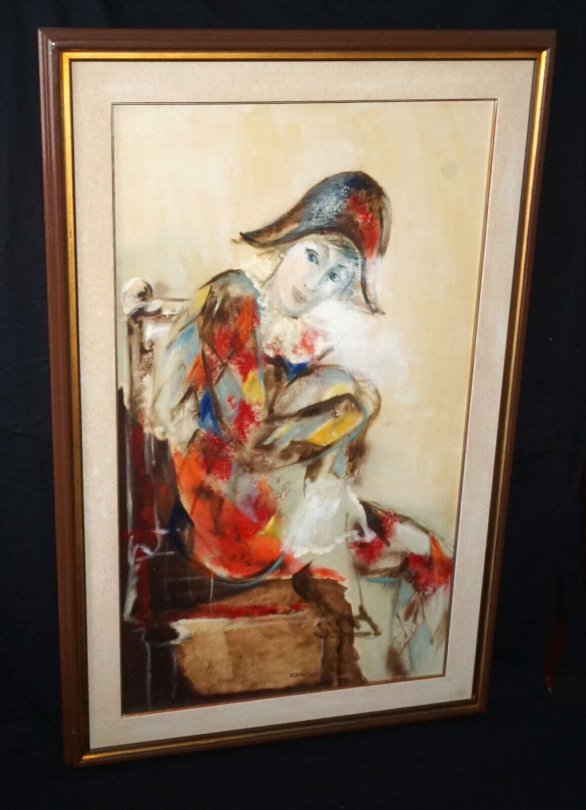 Vintage German Oil Painting of a Harlequin by Evelin Krumnau (HiC)