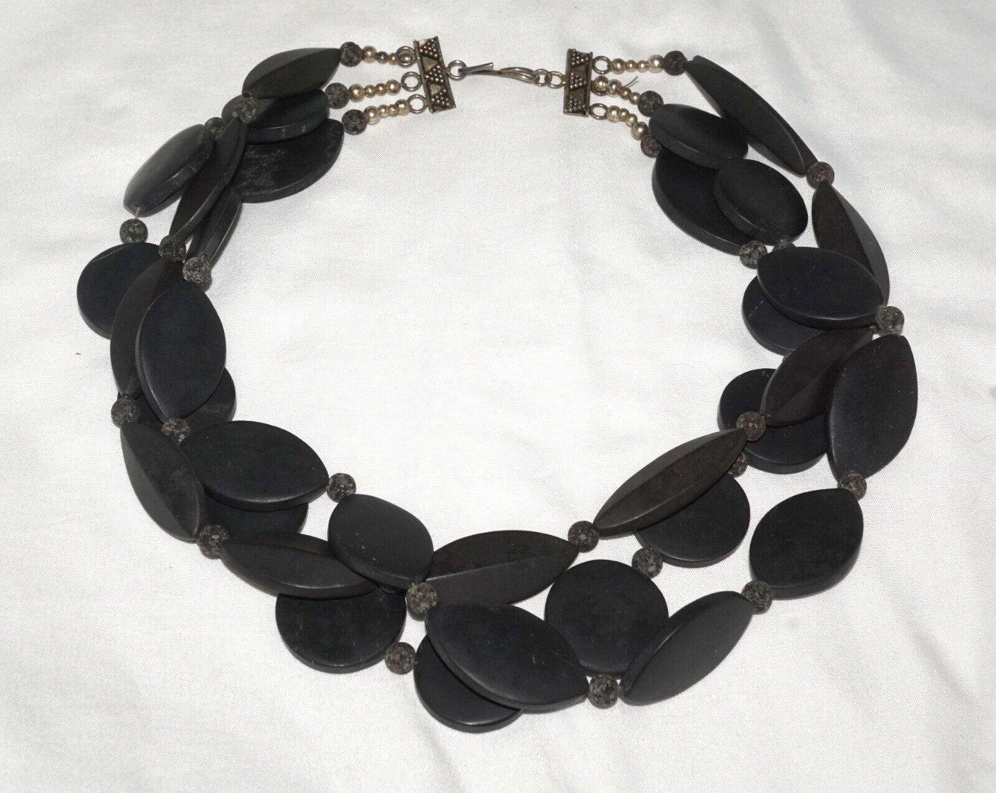 Triple Strand Black Hard Stone Bead Necklace w Silver-Tone Clasp (MaM)16