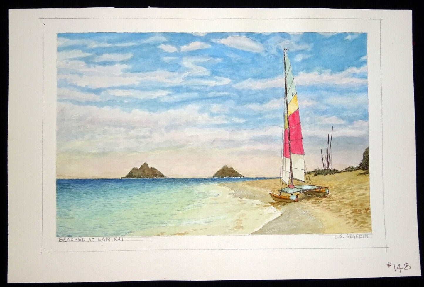 Hawaii Watercolor Painting "Hobie Cat Beached at Lanikai Beach" L. Segedin #148