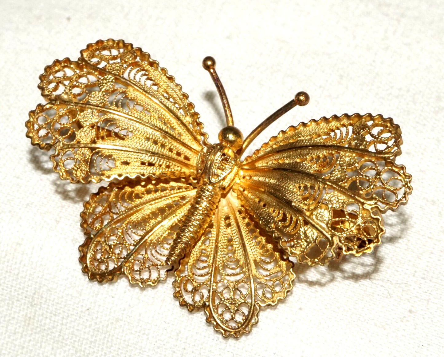 Vintage Gold-Washed 800 Silver Filigree Butterfly Brooch Pin (InS)#L1