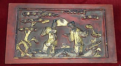 2x 19CT Chinese Framed Carved Red Panels of Scenes w. Figures in Gilt (Gem)