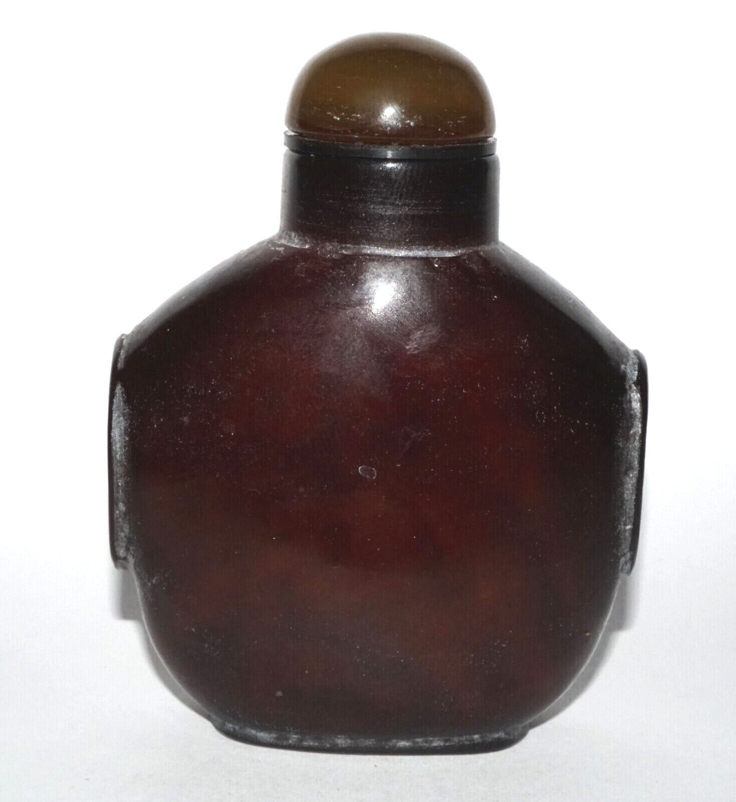 Vintage Chinese Brown Agate Carved Snuff Bottle w. Mask Handles (LeS) G12