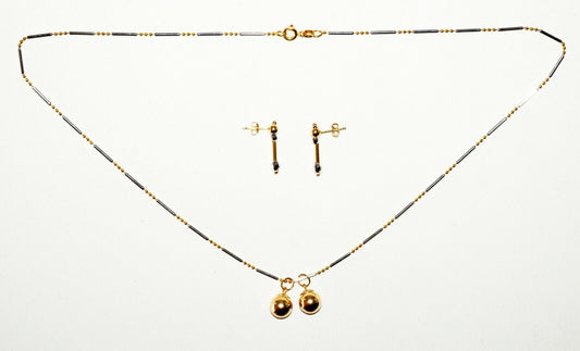 3Pc Vintage Italy 14K Yellow & White Gold Bead Necklace & Earrings Set (SaR)#188