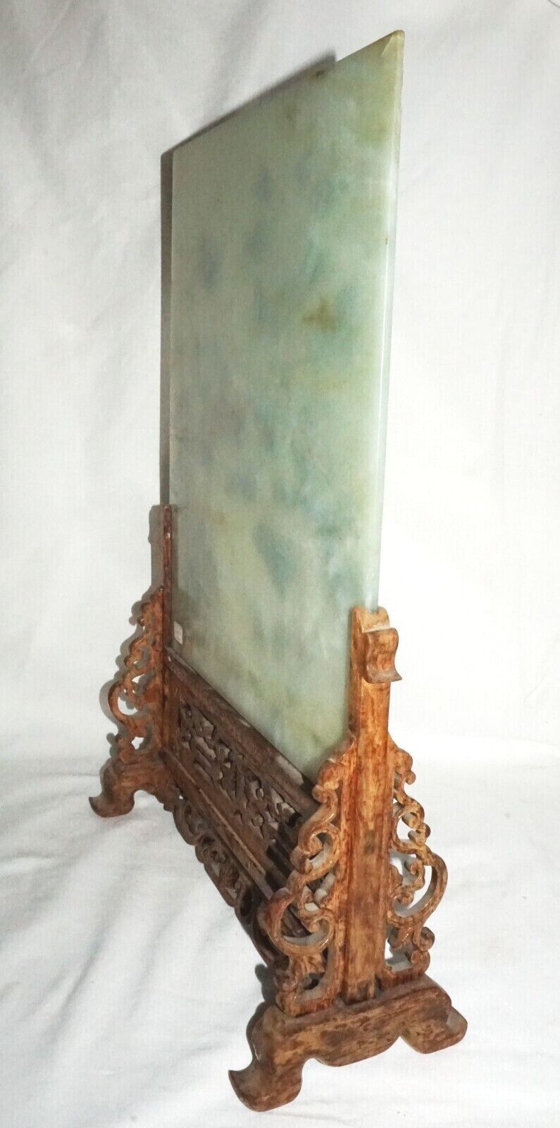 Vintage Chinese Serpentine Table Screen Gemstones Birds & Flowers on Stand (LeD)